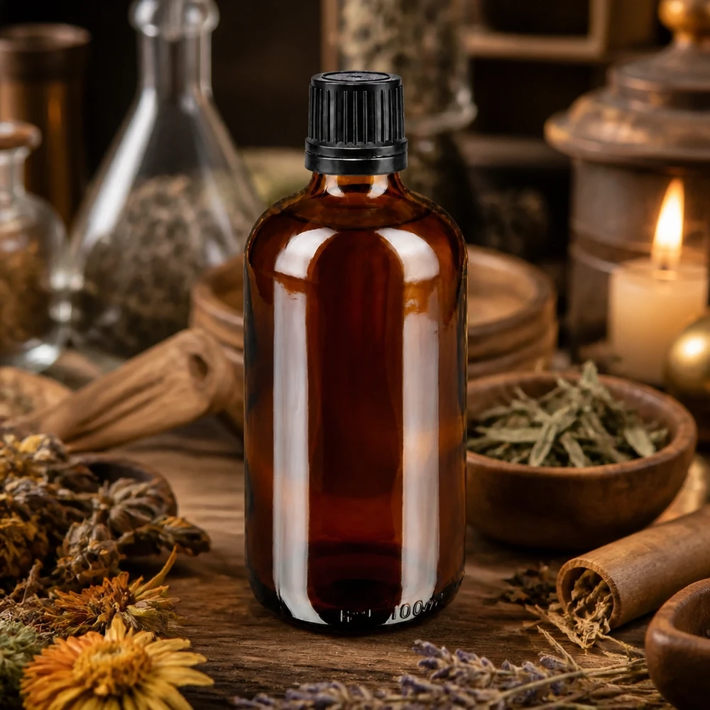 100ml Braunglas Flasche mit kindersicherem OV-Verschluss neben Mörser und Trockenblumen