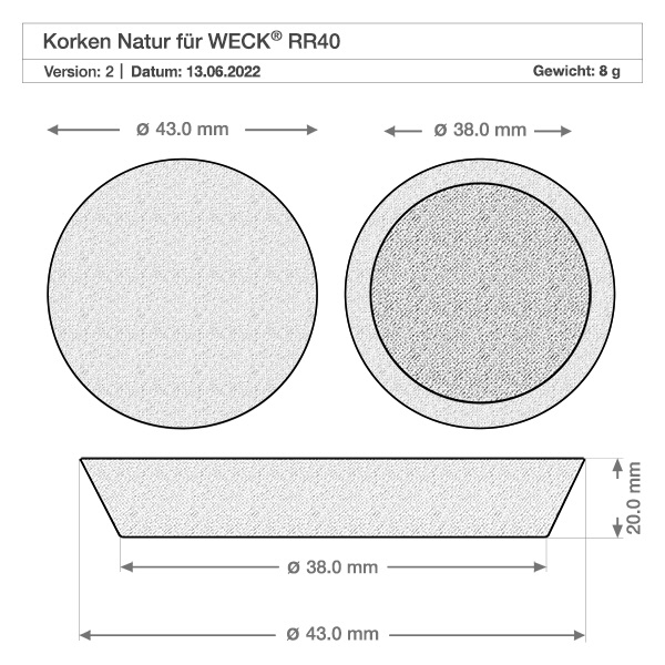 75ml Tulpenglas WECK RR40 mit Korken natur Technische Zeichnung Naturkorken WECK RR40 mit Maßangaben 43mm und 38mm Durchmesser für 75ml Tulpenglas