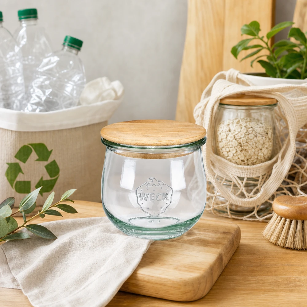 370ml Tulpenglas WECK RR80 mit Holzdeckel WECK Tulpenglas 370ml RR80 mit Holzdeckel in nachhaltiger Zero-Waste Küche mit Recycling-Utensilien und Naturdeko