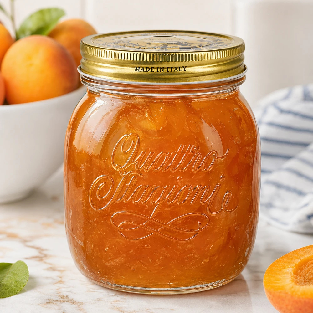 700ml Rundglas "Quattro Stagioni" mit Deckel Quattro Stagioni 700ml Rundglas mit Aprikosenmarmelade gefüllt Made in Italy Einmachglas für Konfitüren und Aufstriche