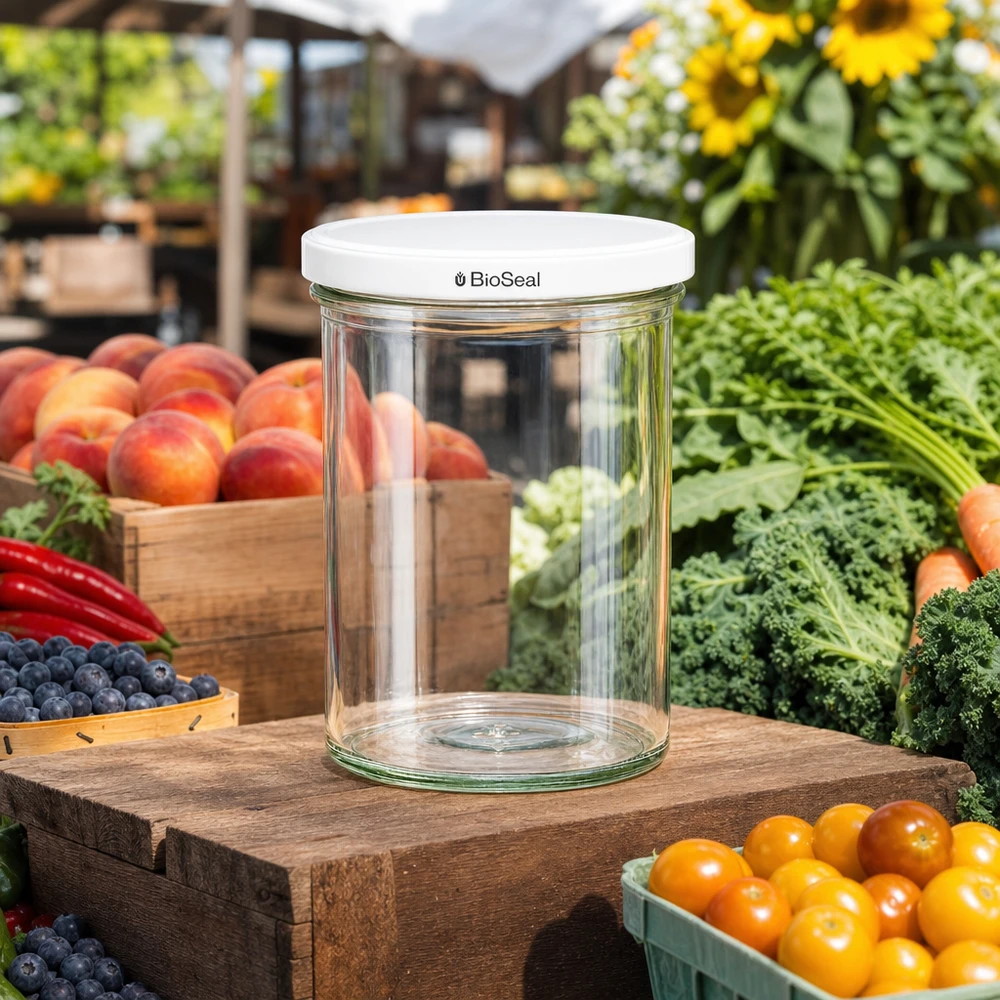 UNiTWIST Sturzglas 435ml leer auf Holztisch zwischen frischem Obst und Gemüse zeigt vielseitige Verwendung im Garten