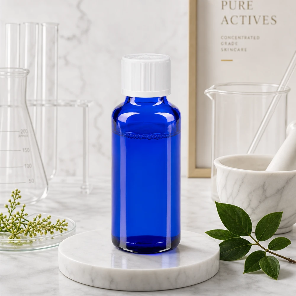 Apothekenflasche blau 30ml Tropfverschluss weiß Kindersicherung Standard Zylindrische blaue Glasflasche 30ml mit geripptem Kindersicherheitsverschluss für Pure-Actives-Skincareanwendungen