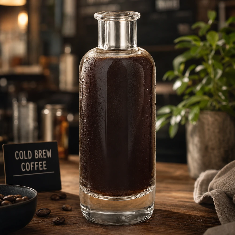 200ml Glasflasche Ella mit Cold Brew Kaffee befüllt in Café-Atmosphäre zeigt Verwendung für Kaffeegetränke