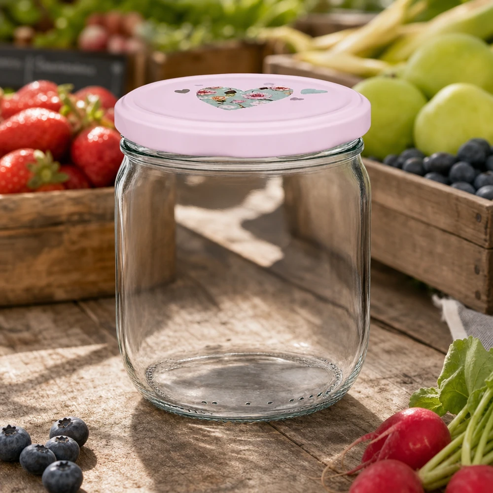 425ml Rundglas + BasicSeal Deckel Herz rosa UNiTWIST 425ml Rundglas leer rosa Herz-Deckel BasicSeal Obstumgebung Marktstand frische Beeren Trauben Holzkiste