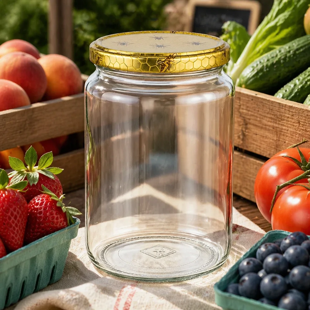 1000g Honigglas mit Bienenwabe Deckel BasicSeal UNiTWIST 1000g Honigglas mit Bienenwaben-Deckel umgeben von frischem Obst und Gemüse in Holzkisten rustikale Marktszene