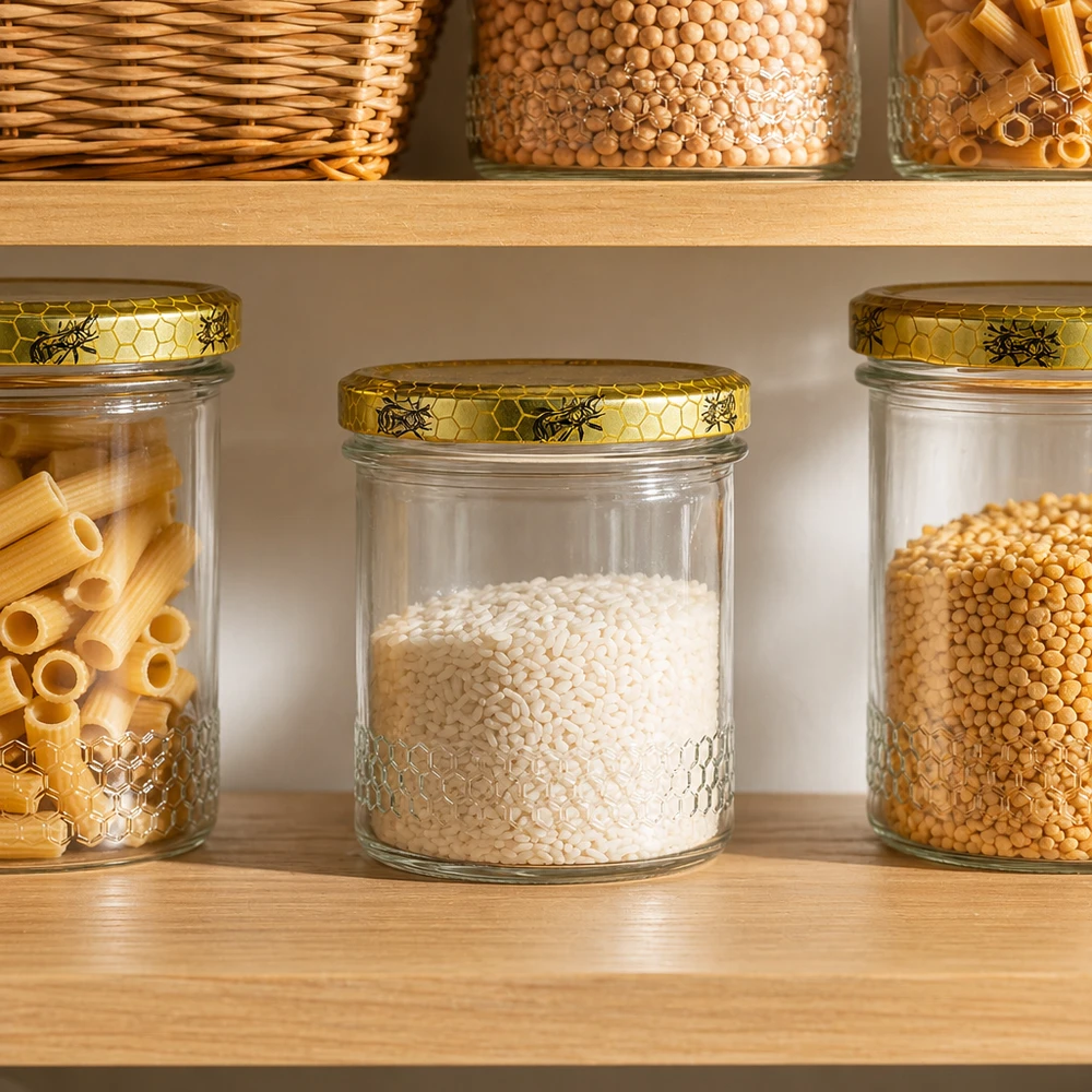 400ml Honigglas mit Bienenwaben-Deckel in organisierter Vorratsküche, Pantry-Organisation mit Pasta und Getreide