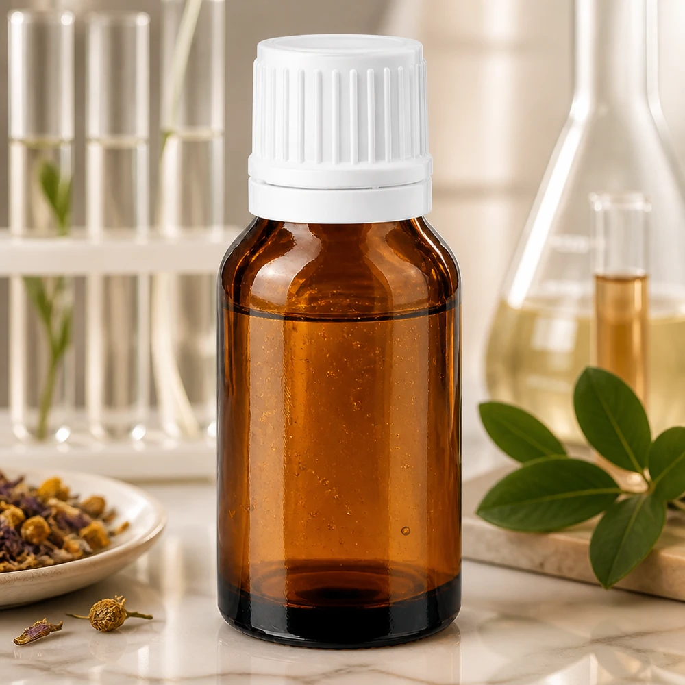 Apothekenflasche braun 30ml Schraubverschluss weiß Originalitätsverschluss Pharmazeutische 30ml Braunglasflasche mit manipulationssicherem weißen Verschluss im Naturkontext