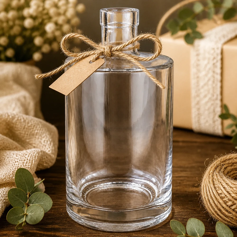 700ml Glasflasche Marie als Geschenk verpackt mit Juteschleife und Kraftpapier-Anhänger rustikal dekoriert