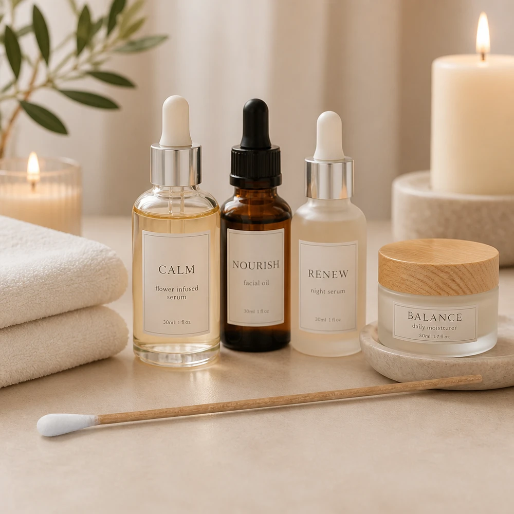 Wattestäbchen UNSTERIL Wattestäbchen unsteril zur Hautpflege neben Nourish Facial Oil und Renew Night Serum