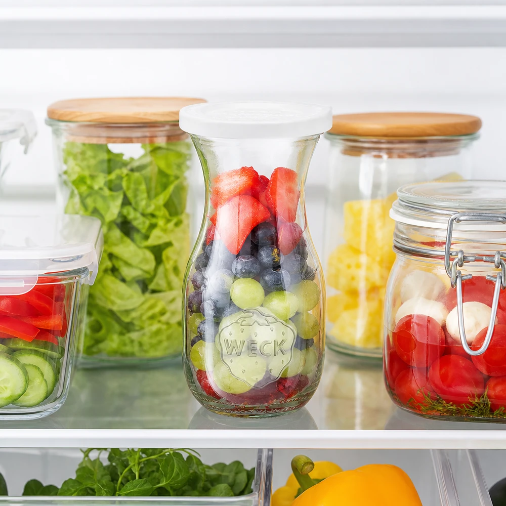 WECK 290ml Saftflasche mit Frischedeckel im Kühlschrank gefüllt mit Beeren neben Meal Prep Gläsern mit Salat
