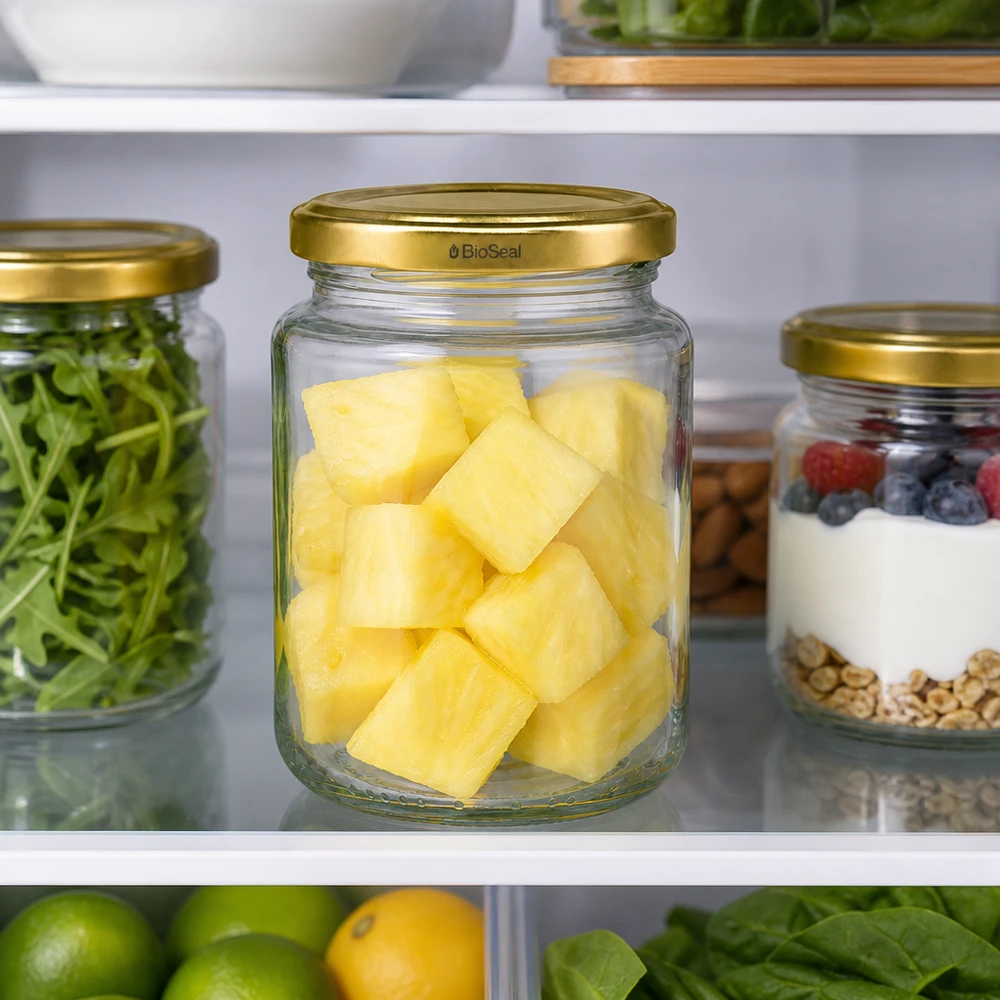 UNiTWIST Runda382 mit goldenem Deckel TO66 BioSeal UNiTWIST Runda382 mit TO66 BioSeal Deckel im Kühlschrank, Ananasstücke frisch gelagert, Meal Prep Vorratsglas