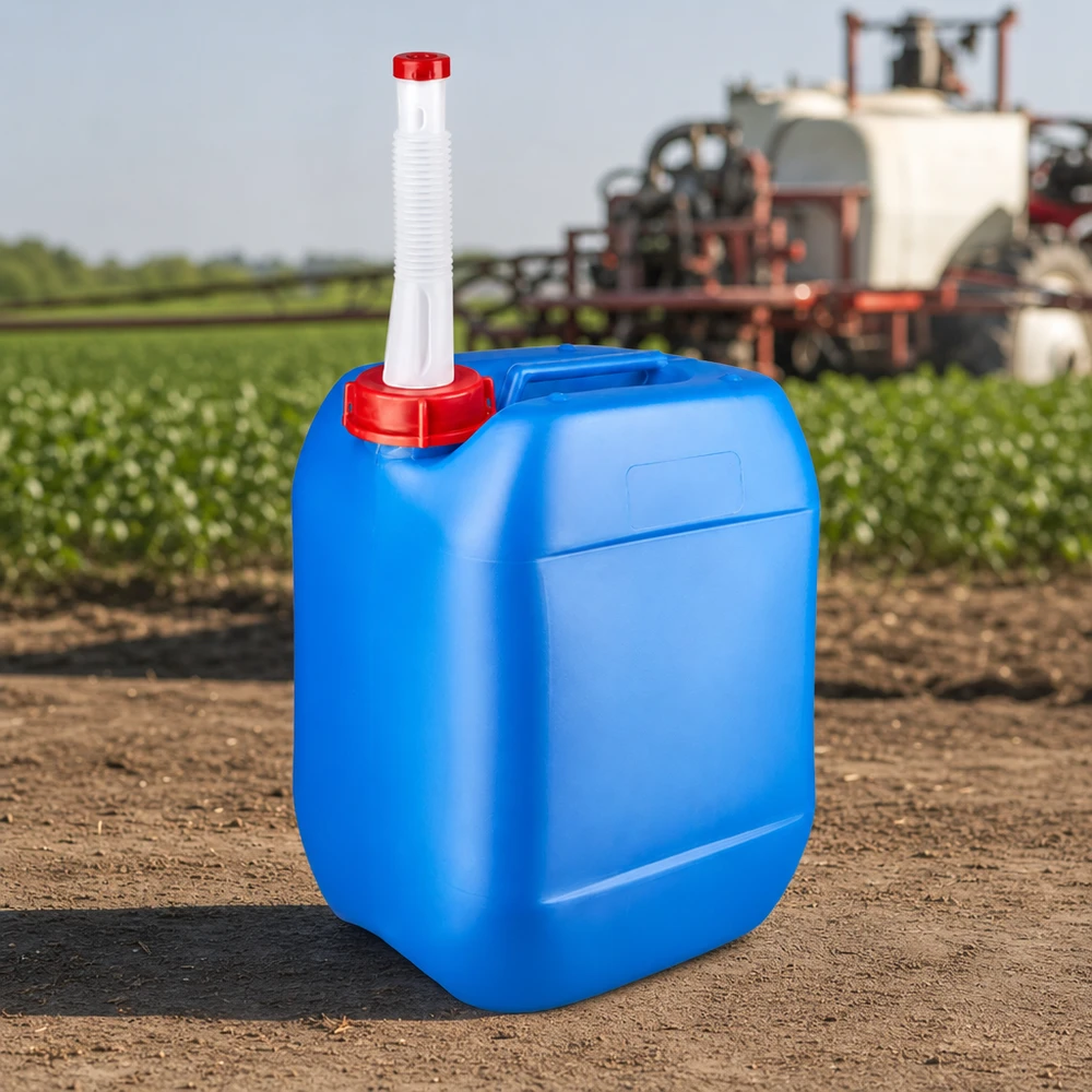 Kanister 10 Liter blau mit Auslaufrohr Flex Stabiler Kanister 10 Liter mit Einfüllrohr und Schraubkappe auf Ackerboden