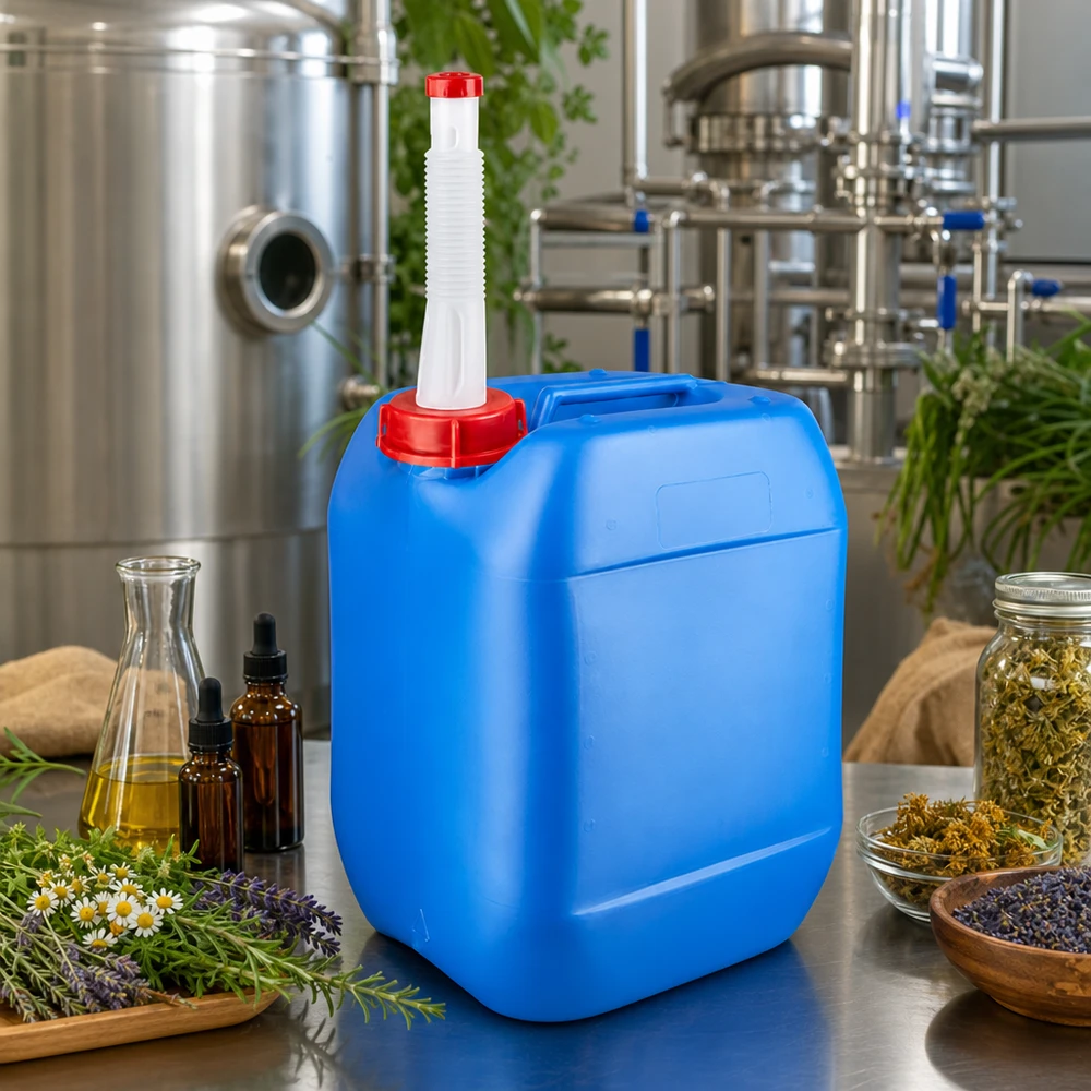 Handlicher blauer UN-Kanister 10L mit Flex-Tülle in professioneller Naturkosmetik-Produktionsumgebung