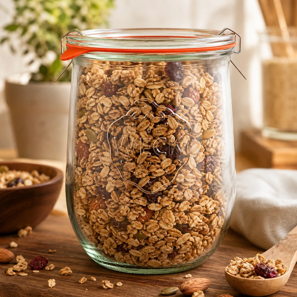 1062ml Tulpenglas komplett WECK RR100 WECK Tulpenglas 1062ml RR100 gefüllt mit Müsli und Nüssen zeigt praktische Vorratshaltung in der Küche