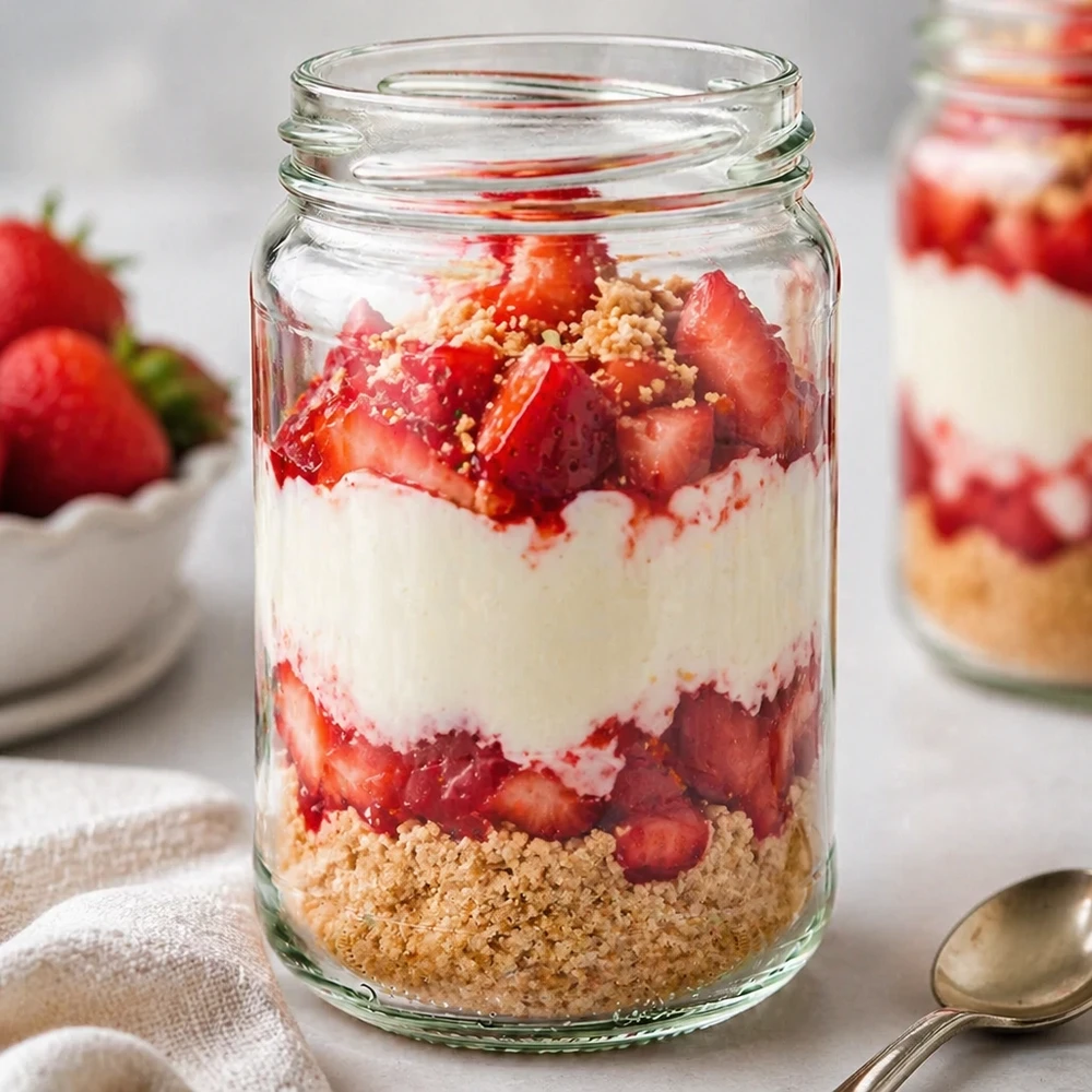 305ml Rundglas ohne Deckel (TO63) UNiTWIST Rundglas 305ml mit Erdbeerdessert gefüllt zeigt UNiTWIST Runda305 TO63 Einmachglas für Schichtdesserts und Joghurt
