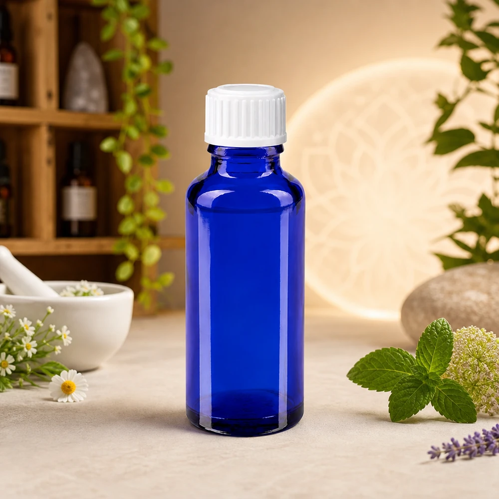 Apothekenflasche blau 30ml Schraubverschluss weiß Globuli Standard Blaue Glasflasche 30ml für ätherische Öle und Naturkosmetik mit weißem Originalitätsverschluss