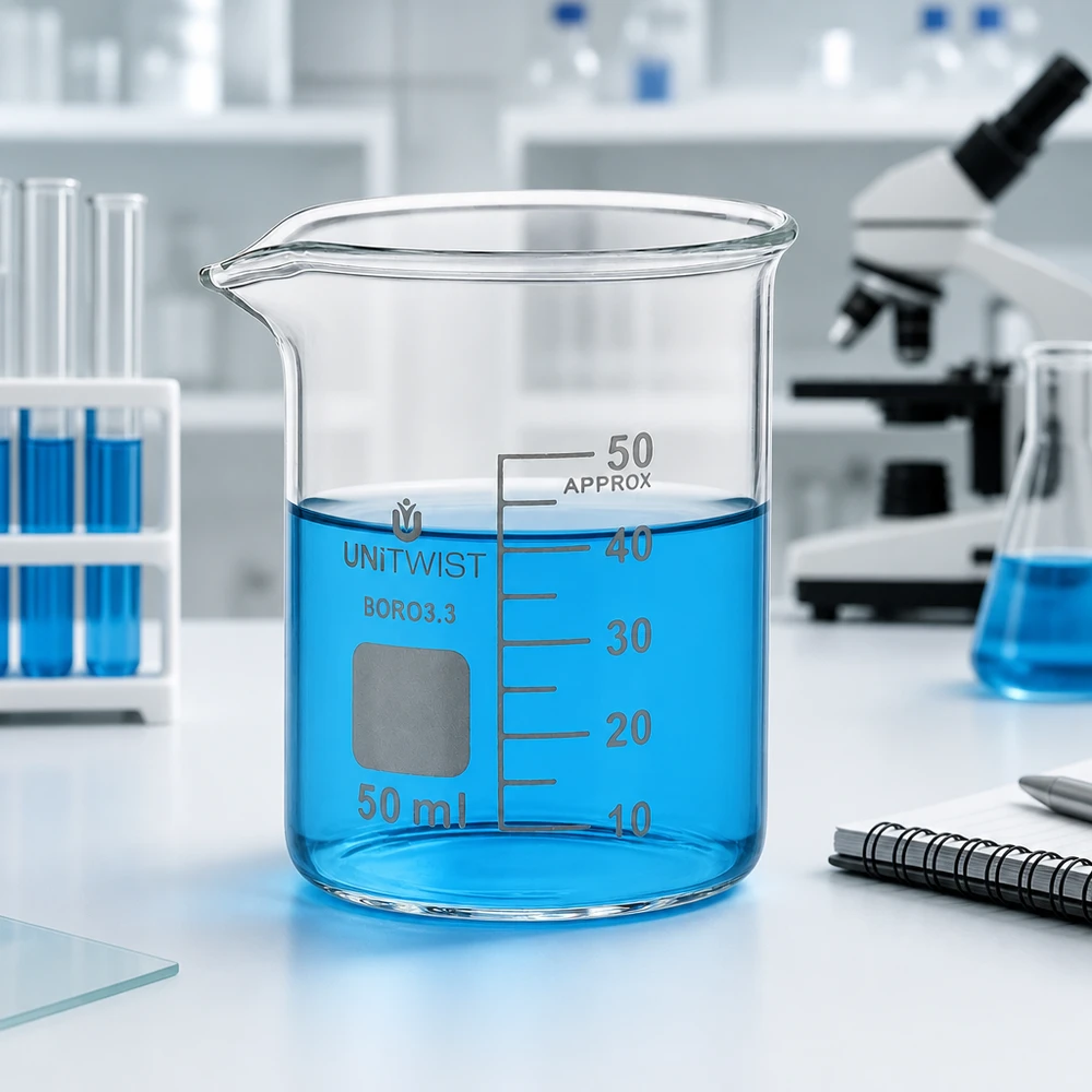 Becherglas 50ml Borosilikat, niedrige Form UNiTWIST Präzisionsbecherglas 50ml UNiTWIST BORO 3.3 mit Volumenmarkierungen 10 bis 50ml niedriger Typ