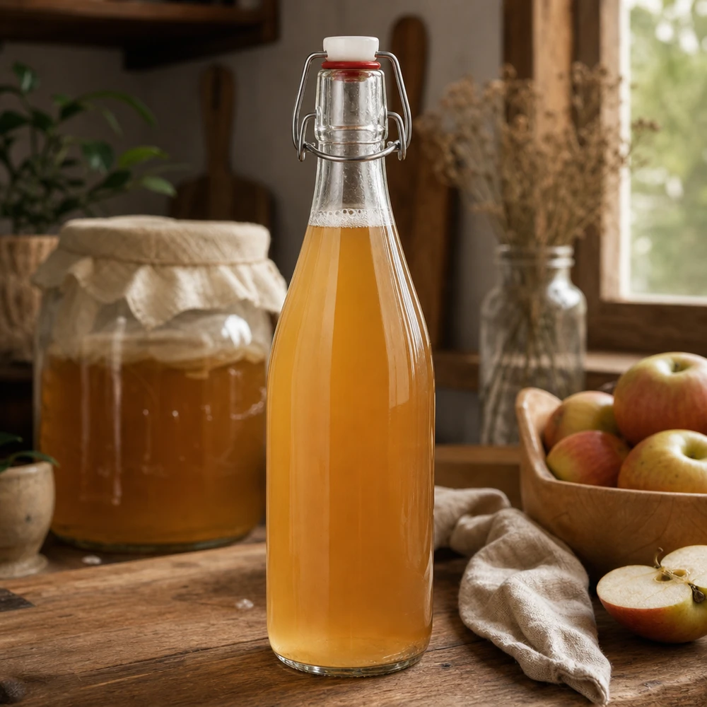 500ml Glasflasche Bügelverschluss mit Apfelsaft befüllt rustikale Küche Obstgetränk hausgemacht natürlich