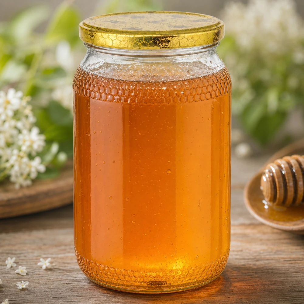 1260g Honigglas + BasicSeal Deckel Bienenwabe UNiTWIST 900ml Honigglas mit Honig gefüllt goldener Bienenwaben-Deckel Holzhintergrund Honigdipper Imkerei Naturprodukt