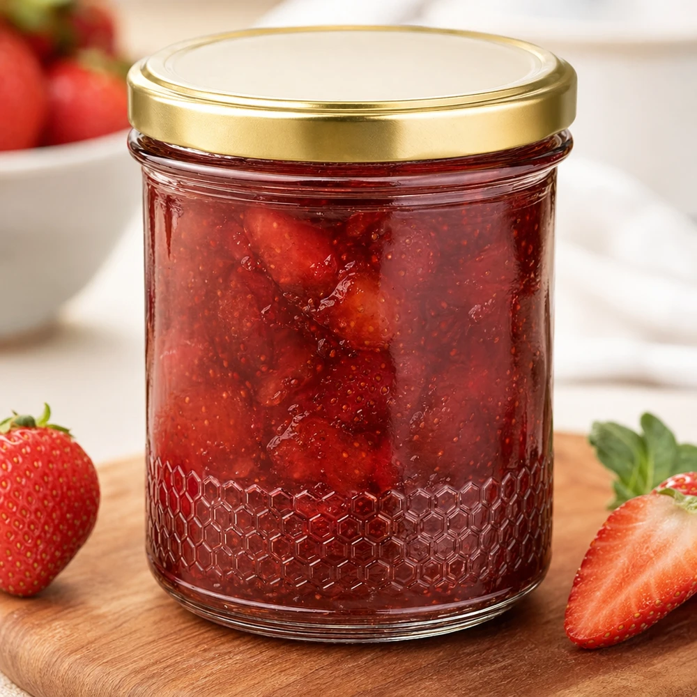 560g Honigglas + BasicSeal Deckel gold UNiTWIST 400ml Honigglas mit gold BasicSeal UNiTWIST Deckel als Marmeladenglas für Erdbeermarmelade mit Wabenmuster-Boden