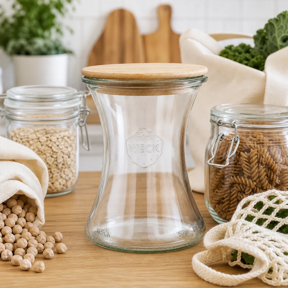 370ml Delikatessenglas WECK RR80 mit Holzdeckel WECK Delikatessenglas 370ml RR80 mit Holzdeckel in Zero-Waste-Küche mit nachhaltigen Vorratsdosen und Stoffbeuteln
