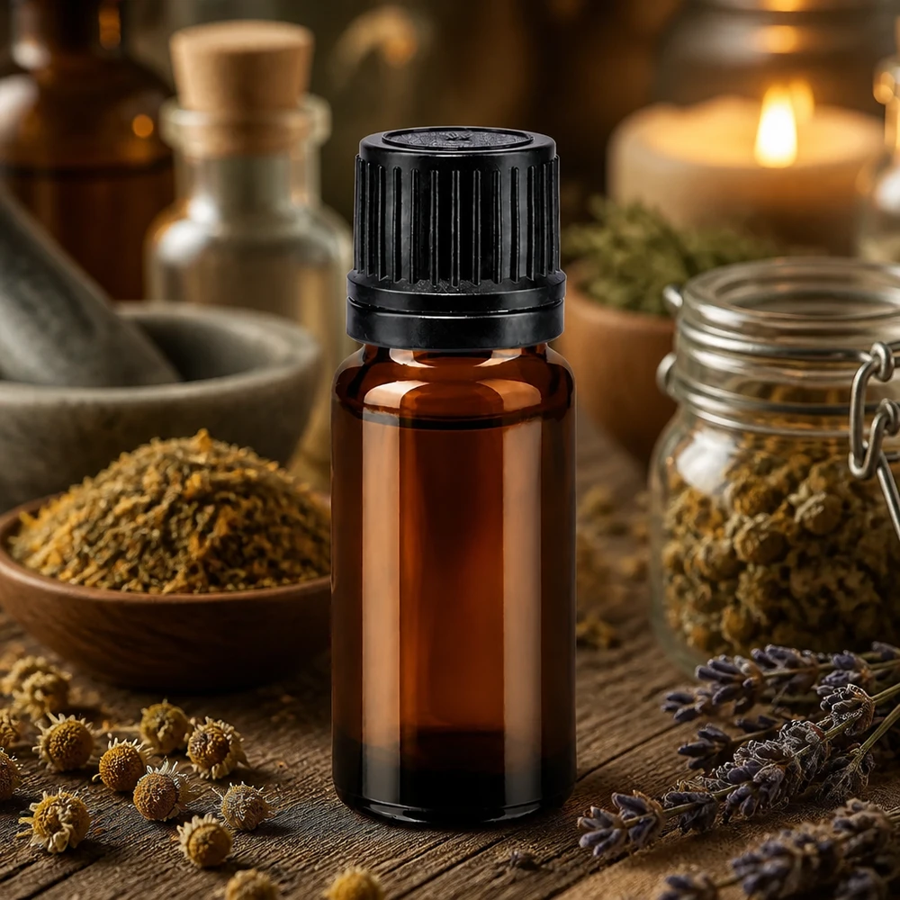 10ml Braunglas-Dosierflasche mit engerem 1mm Einsatz neben Lavendel und Gewürzkräutern