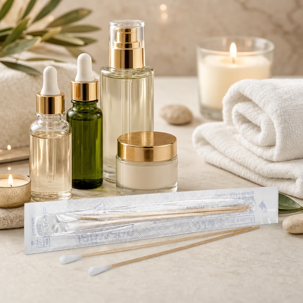 Professionelle Wattestäbchen steril 2 Stück für Beauty- und Pflegeanwendung auf hellem Untergrund