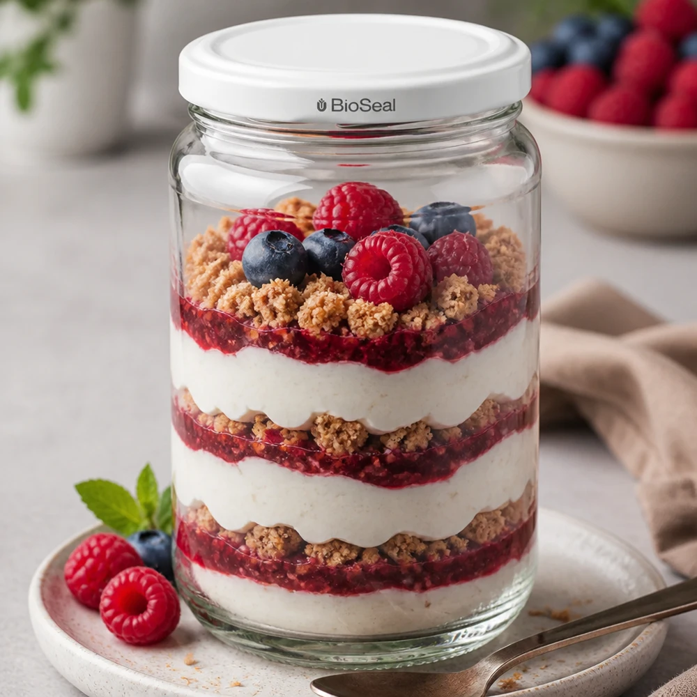 305ml Rundglas + BioSeal Deckel weiß UNiTWIST UNiTWIST Runda305 mit BioSeal Deckel als Dessertglas - Schichtdessert mit Beeren und Joghurt stilvoll serviert