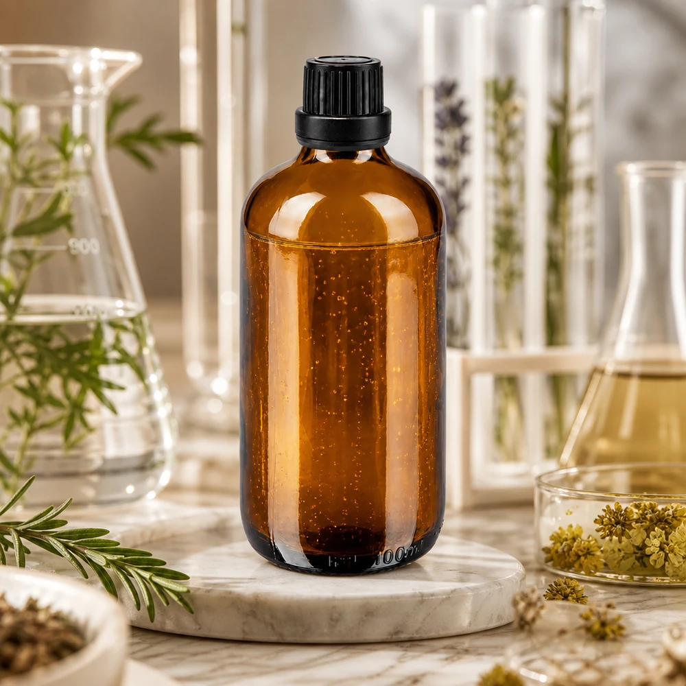 Apothekenflasche braun 100ml Schraubverschluss schwarz Dichteinlage Originalitätsverschluss 100ml Flakon aus braunem Apothekerglas mit schwarzem Schraubverschluss für pflanzliche Extrakte