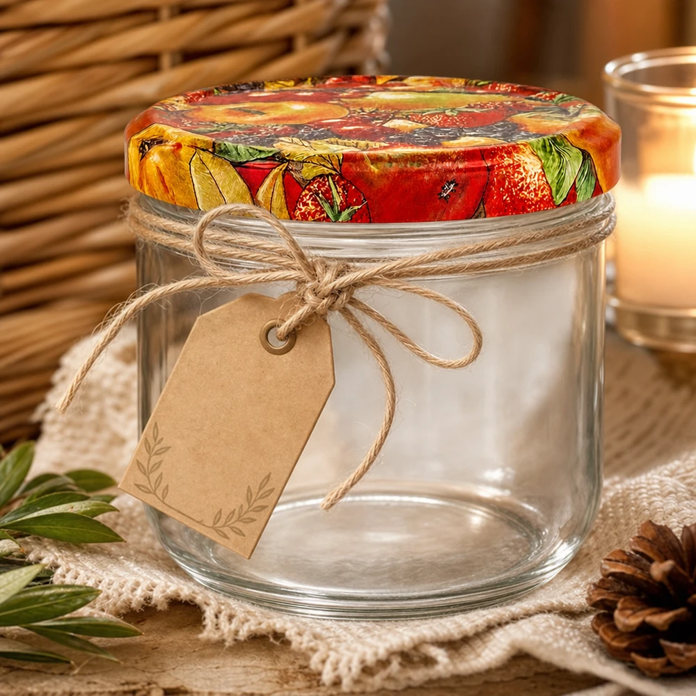 260ml Sturzglas mit Obst-Dekor Deckel und rustikaler Geschenkverpackung mit Juteschnur und Anhänger