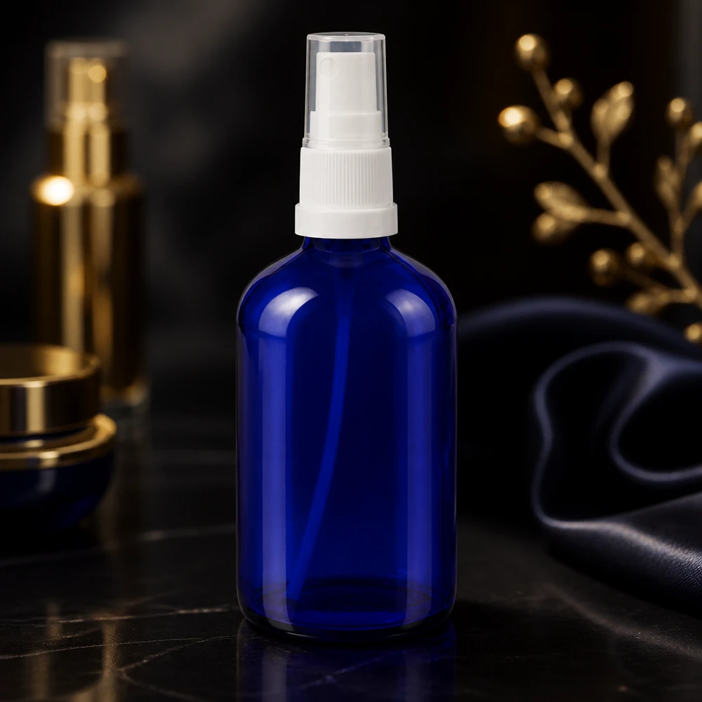 Schlanke blaue Glasflasche 100ml mit weißem Zerstäuberpumpe ideal für ätherische Öle