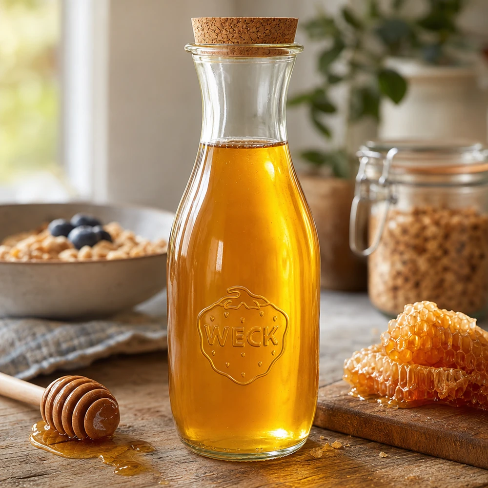 WECK Saftflasche 1062ml mit goldenem Honig befüllt, Naturkorken und Wabenhonig in gemütlicher Küchenszene