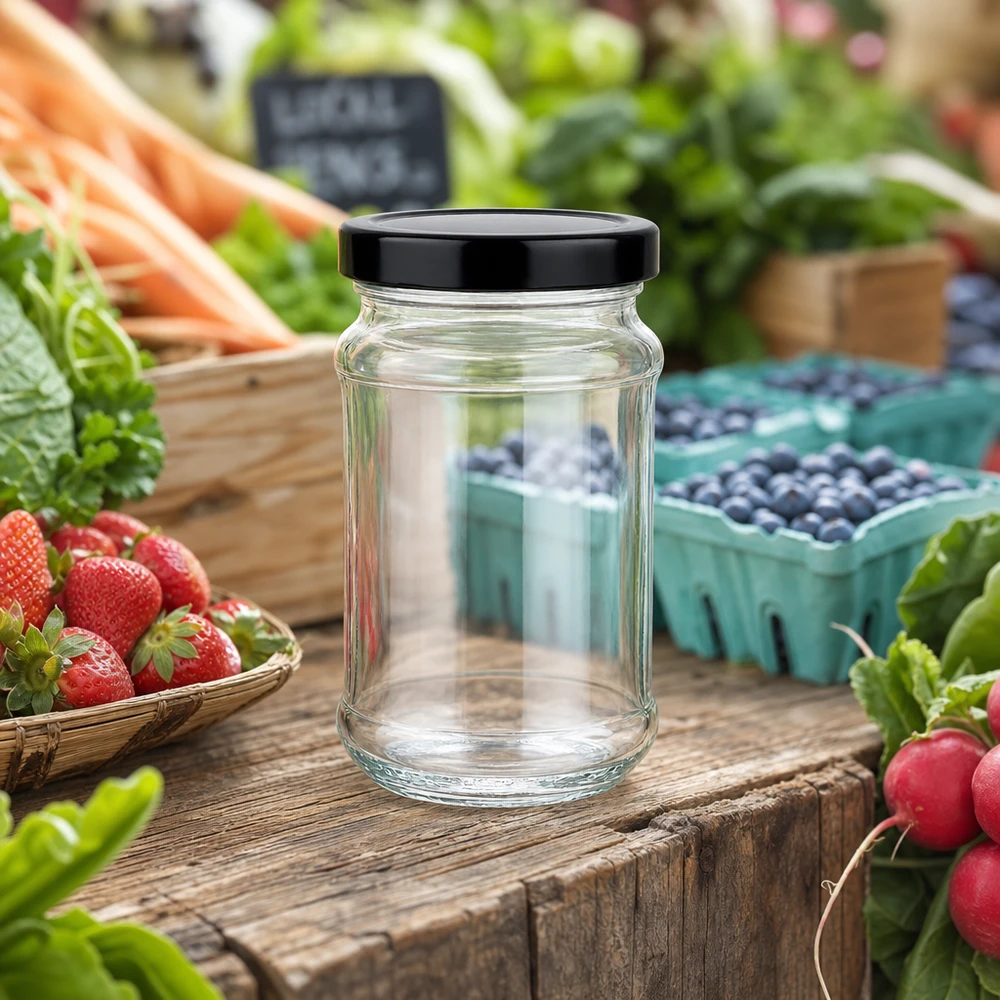 390ml Rundglas mit schwarzem BasicSeal Deckel auf Holztisch zwischen frischem Obst und Gemüse vom Markt