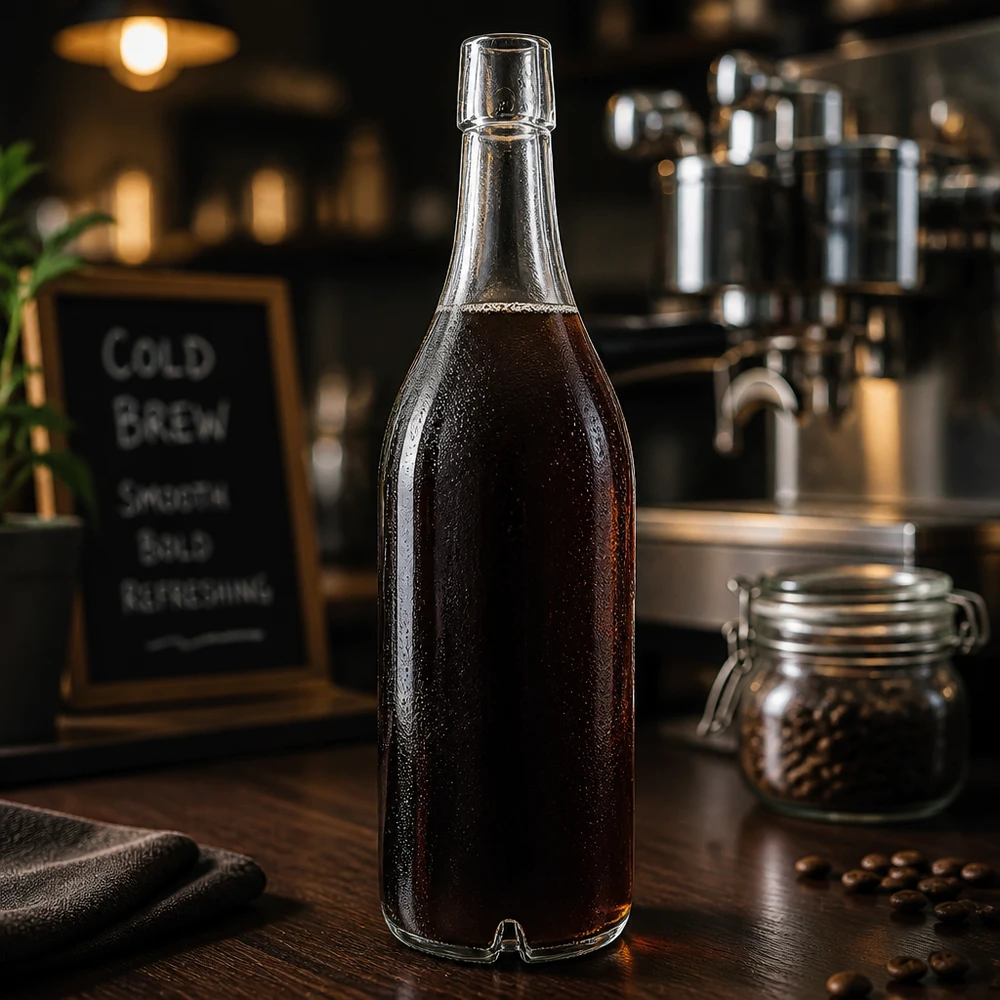1000ml Glasflasche ohne Bügelverschluss UNiTWIST® 1000ml Glasflasche UNiTWIST mit Cold Brew Coffee befüllt Kaffeebohnen Café-Atmosphäre Schraubverschluss dunkel