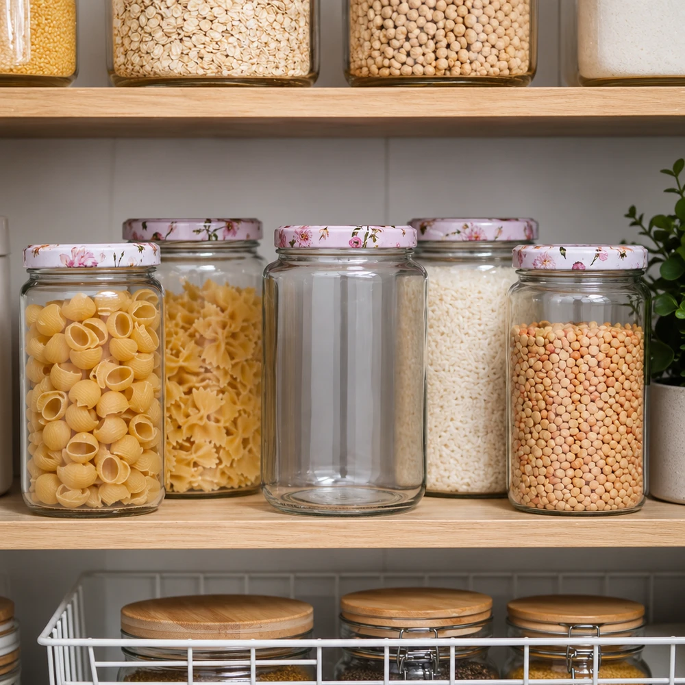 795ml Rundglas + BasicSeal Deckel Blume rosa UNiTWIST 795ml Rundglas BasicSeal Deckel rosa Blumen in organisierter Pantry mit Pasta Reis Linsen Vorratshaltung Küche