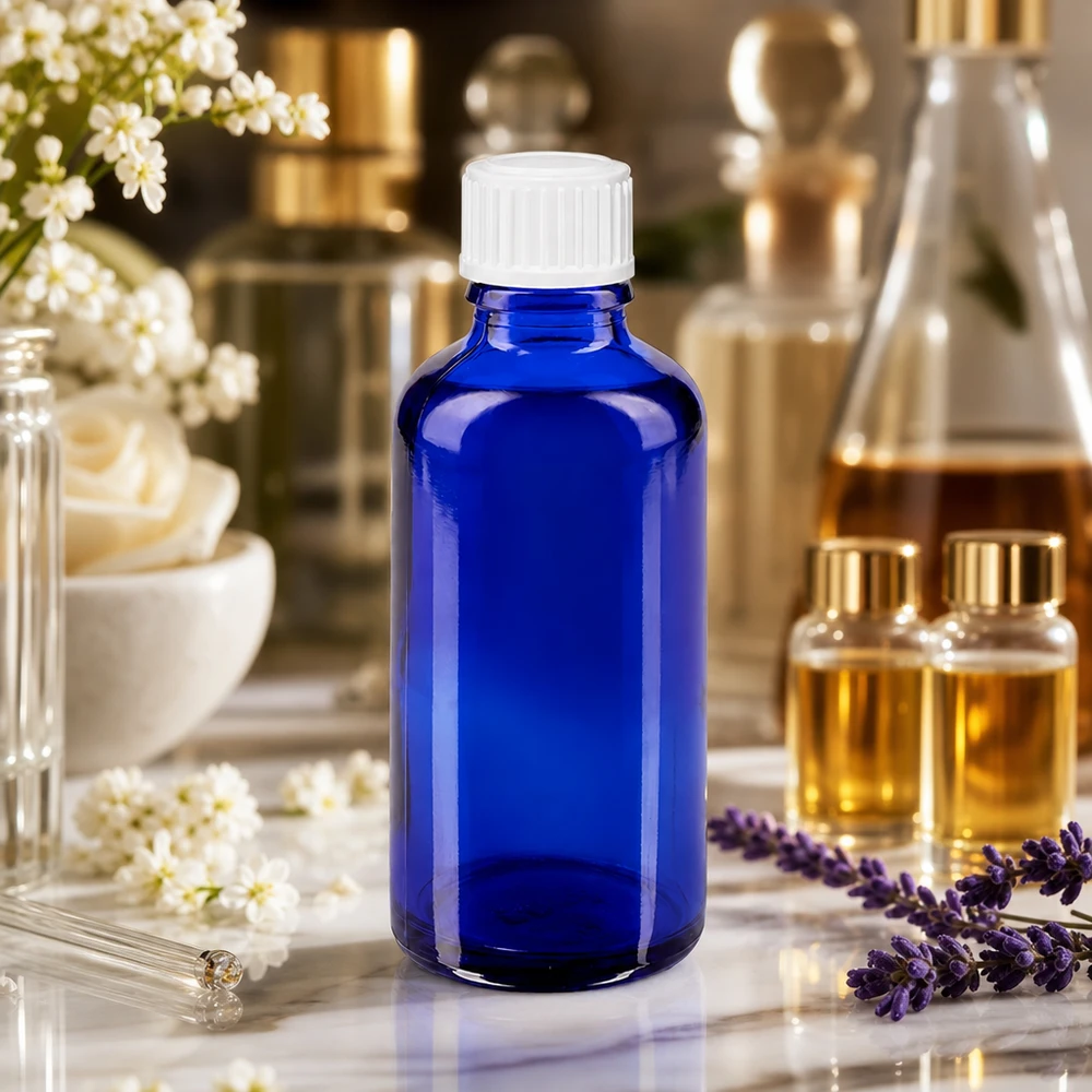 Blaue 50ml ApoGlas Flasche mit weißem Verschluss zwischen Lavendel und Aromadüften