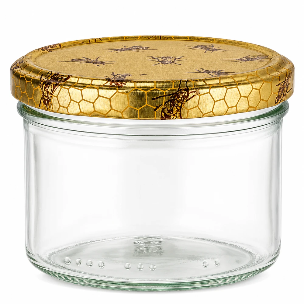 300g Honigglas mit Bienenwabe Deckel BasicSeal UNiTWIST Leeres 300g Honigglas aus Glas mit goldenem Bienenwaben-Schraubdeckel für Honig und Marmelade