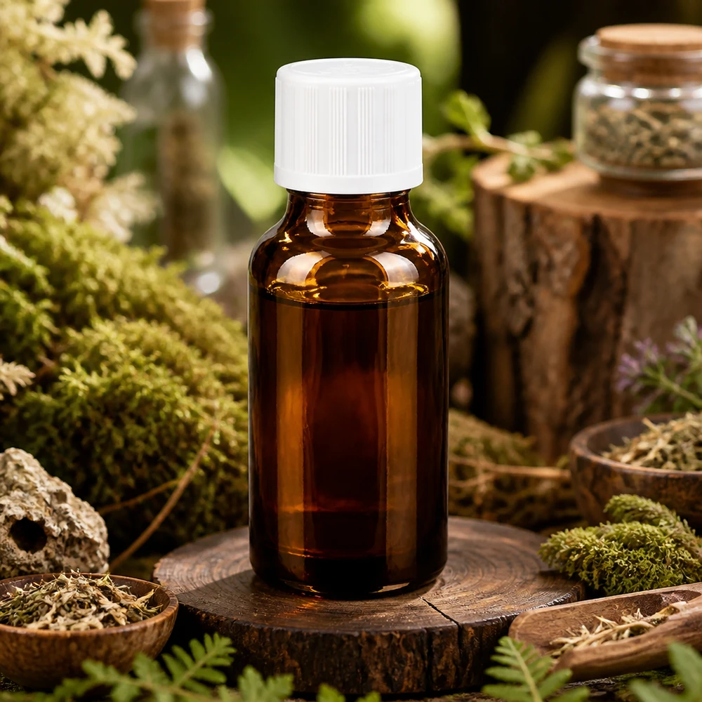 Apothekenflasche braun 20ml Tropfverschluss weiß Kindersicherung Standard Ätherisches Öl Flasche 20ml Braunglas mit Tropfeinsatz zwischen Waldmoos und Holzelementen