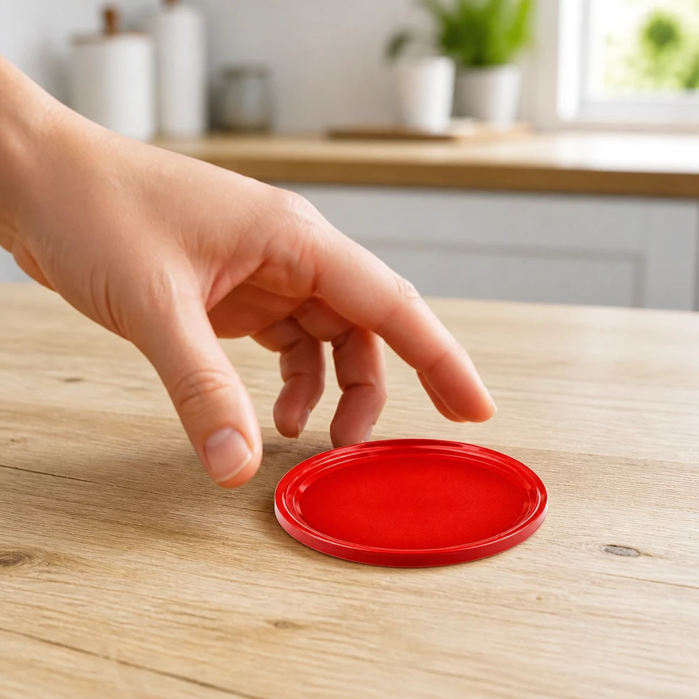BasicSeal TO82 82mm Konservendeckel rot Größenvergleich Hand Küchenhintergrund