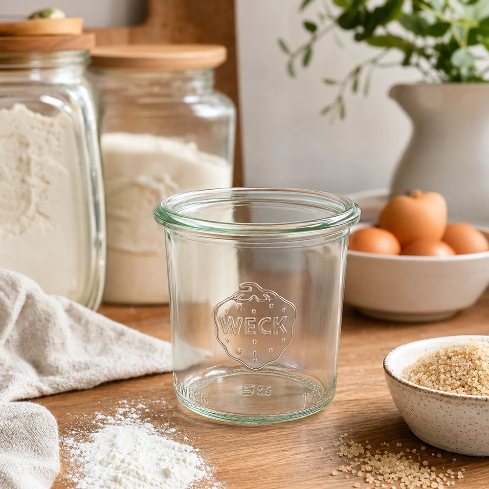 140ml Sturzglas WECK RR60 140ml WECK Sturzglas RR60 Einmachglas mit Logo auf Holztisch in moderner Küche mit Vorratsgläsern und Zutaten