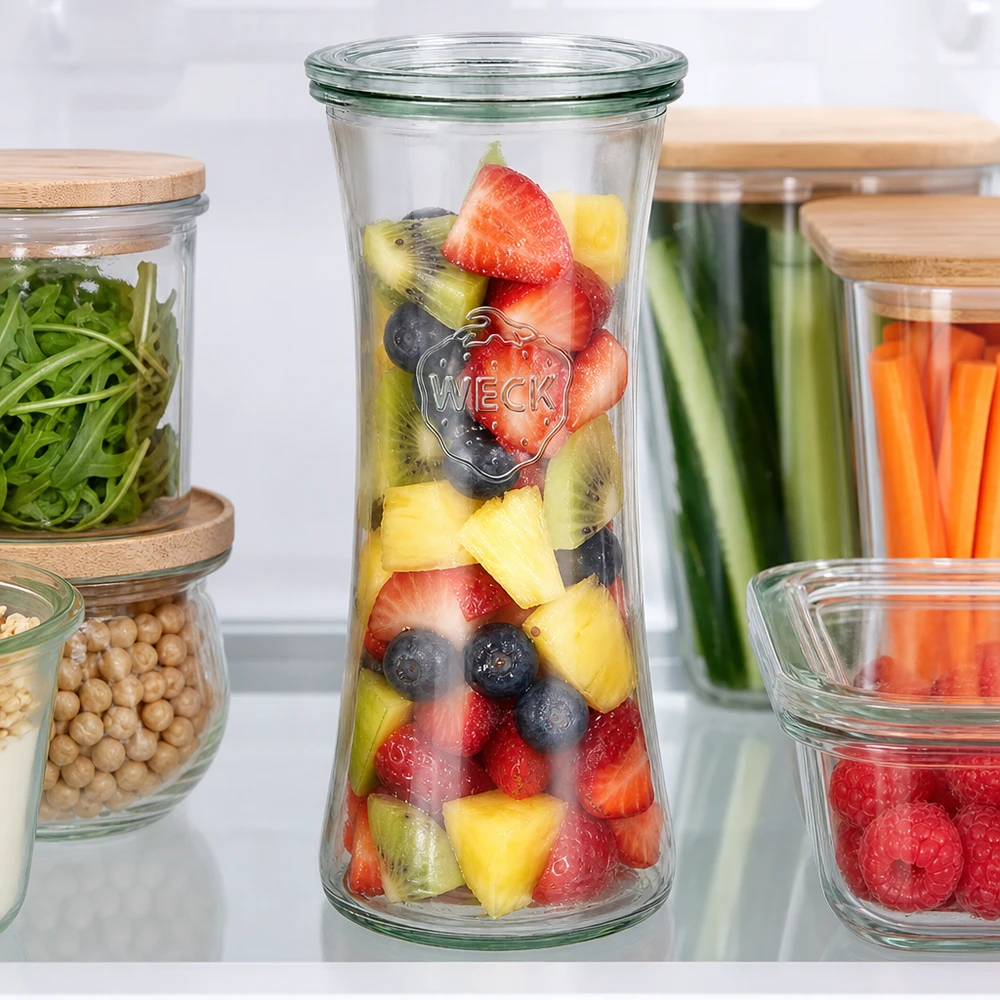 700ml Delikatessenglas mit Glasdeckel WECK RR80 WECK Delikatessenglas 700ml RR80 mit buntem Obstsalat im Kühlschrank - perfekte Vorratshaltung für frische Früchte