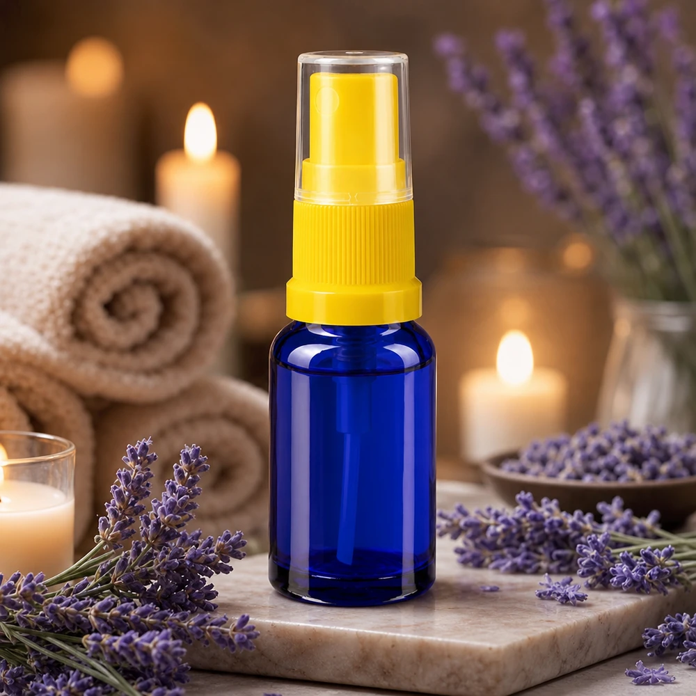 Kobaltblaue Phiole 10ml mit gelbem Dosierer in entspannter Wellness Spa Atmosphäre