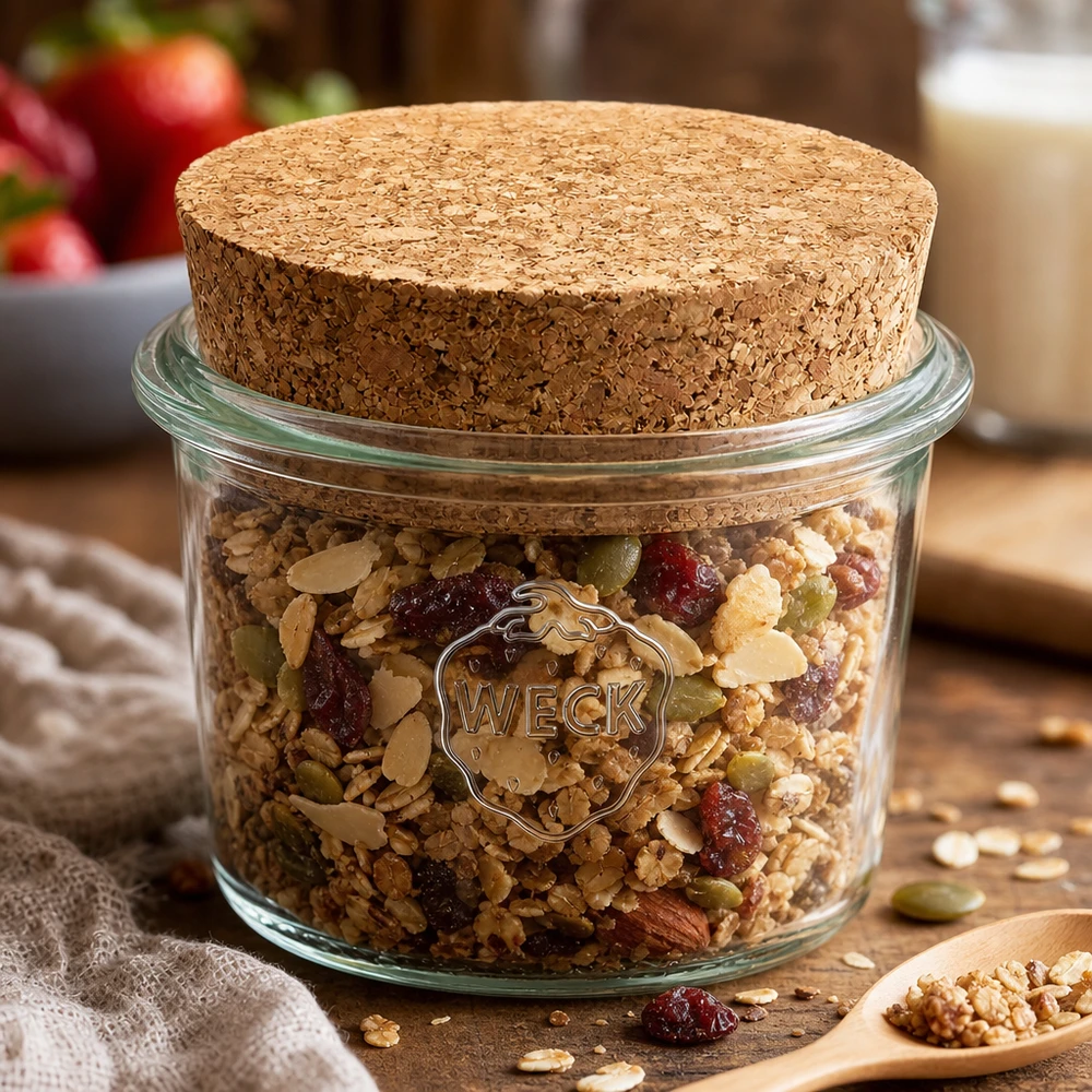 WECK RR40 Sturzglas 35ml mit Korken gefüllt mit Müsli Nüssen Trockenfrüchten als Vorratsglas in der Küche