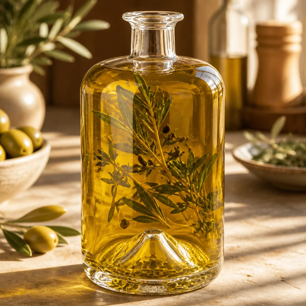 700ml Apothekenflasche "Classic" ohne Verschluss UNiTWIST® Glasflasche Sofia 700ml mit Olivenöl und Kräutern befüllt als Verwendungsbeispiel auf Holztisch dekoriert