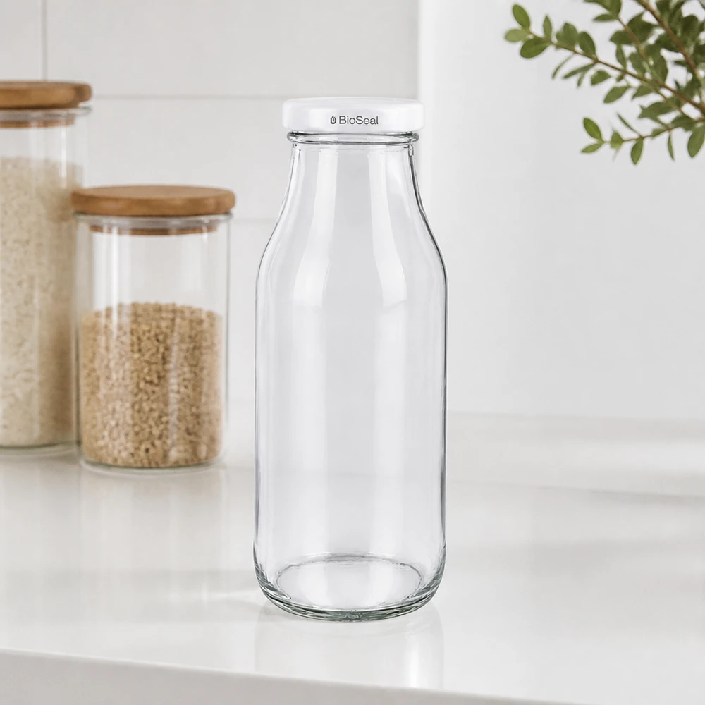 263ml Flasche mit BioSeal Deckel weiß UNiTWIST UNiTWIST Bottle263 Glasflasche mit weißem TO43 BioSeal Deckel auf weißer Arbeitsplatte neben Vorratsgläsern