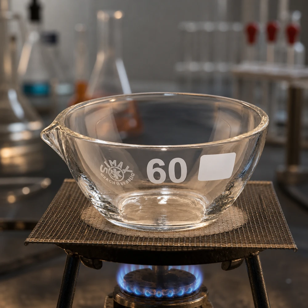 45ml Abdampfschale mit Ausguss Borosilikat ø60mm Glasschale 45ml mit Ausguss aus Borosilikat ø60mm chemikalienresistent für sichere Laborarbeit