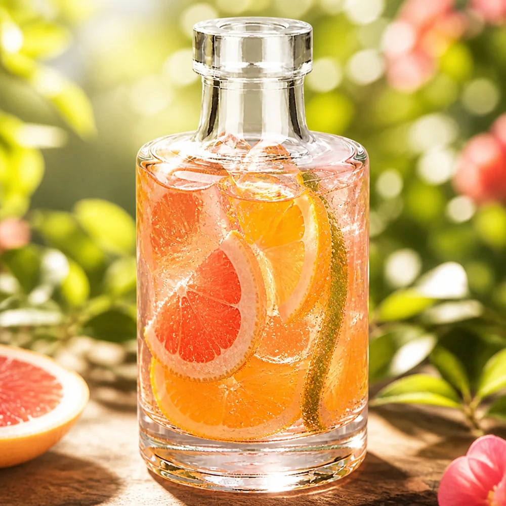 100ml Glasflasche Marie mit Grapefruit-Getränk und Eiswürfeln in natürlicher Gartenumgebung mit Früchten
