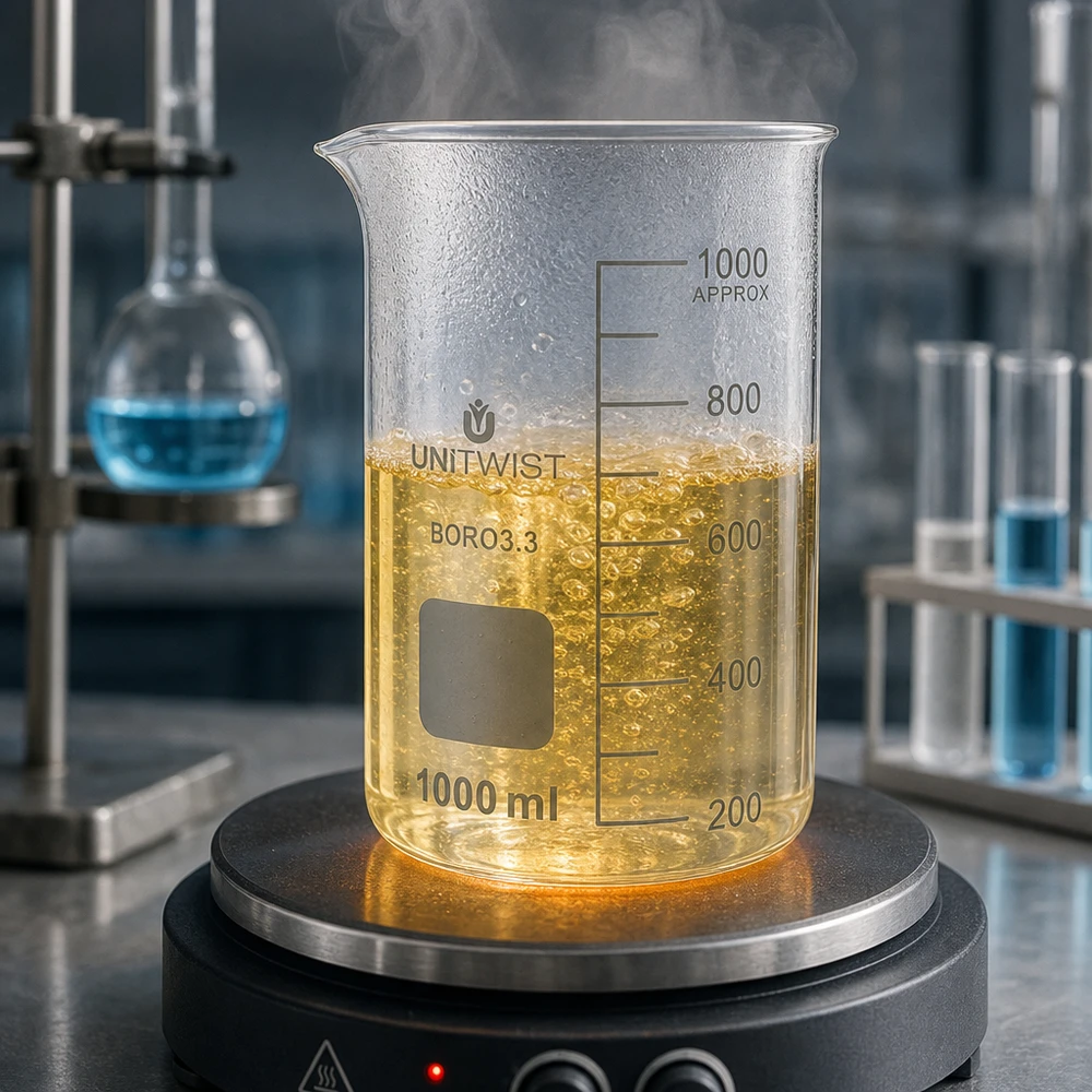 Becherglas 1000ml Borosilikat, hohe Form UNiTWIST Siedeversuch im UNITWIST Becherglas 1000ml Borosilikat hohe Form mit gelb gefärbter Reaktionslösung