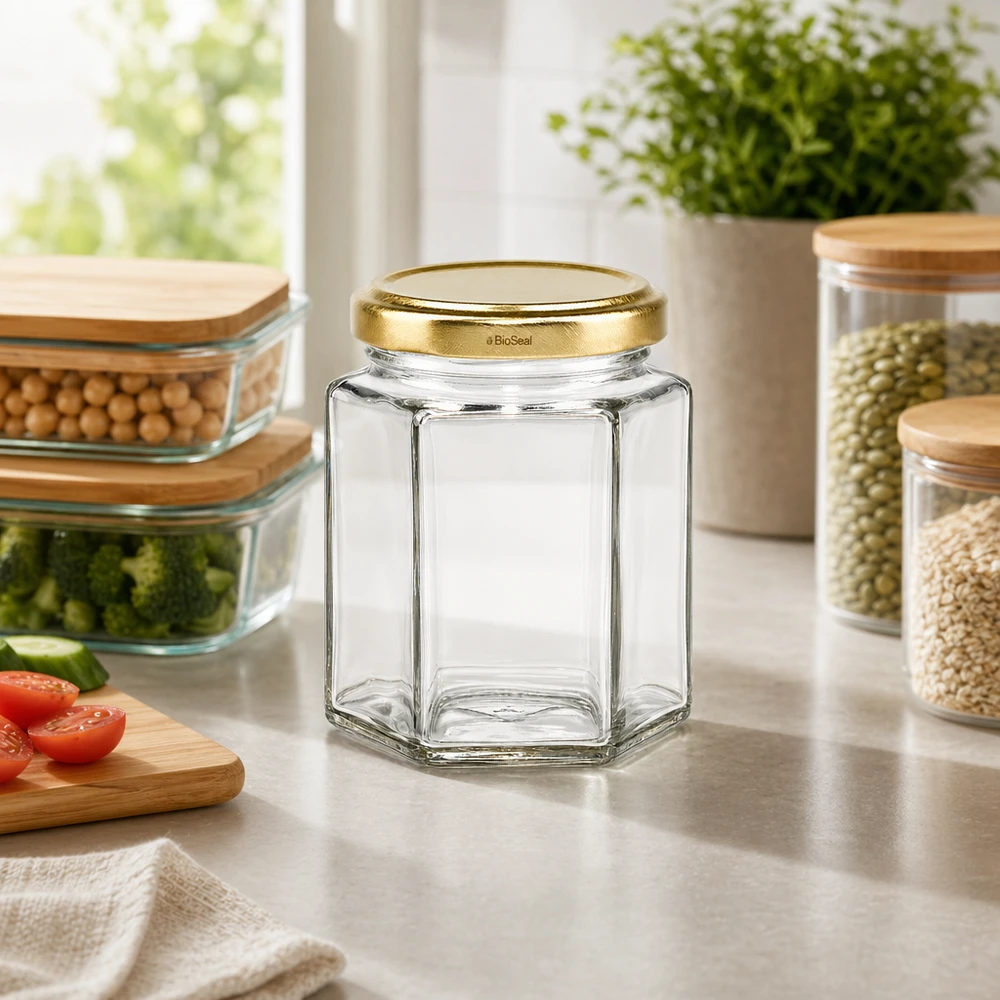 Leeres UNiTWIST Hexa196 Vorratsglas mit TO58 BioSeal Golddeckel auf Küchenarbeitsplatte zwischen gefüllten Vorratsbehält