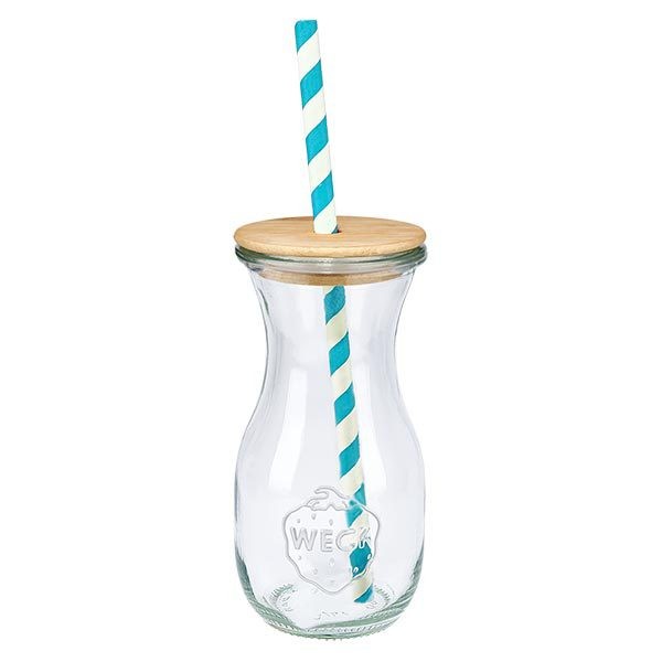 6 x WECK 290ml Saftflasche RR60 mit Holzdeckel und 100 Öko S WECK Glasflasche 290ml mit Bambusdeckel und türkis-weißem Papierstrohhalm Einzelansicht Trinkflasche